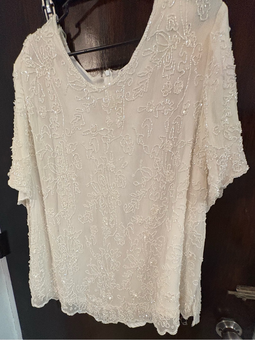 Vintage Roaman's Ivory Silk Beaded Short-Sleeve Blouse. Size 26W.